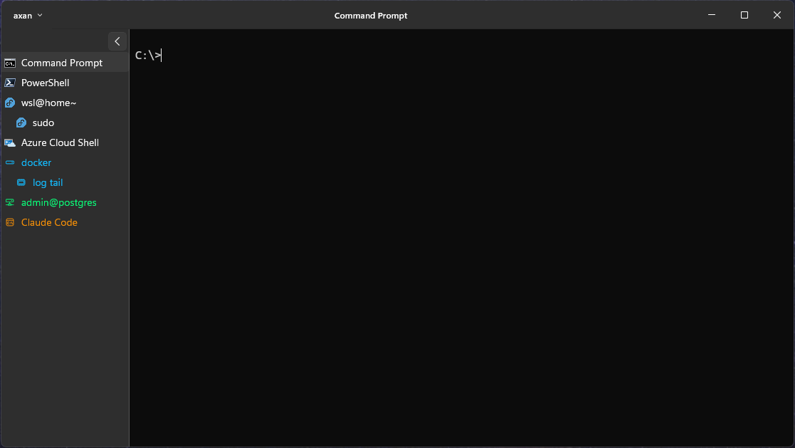 The axan window with a Command Prompt session selected: the sidebar tree shows nested sessions with per-node icons and colors, and the titlebar centers the active session's name.
